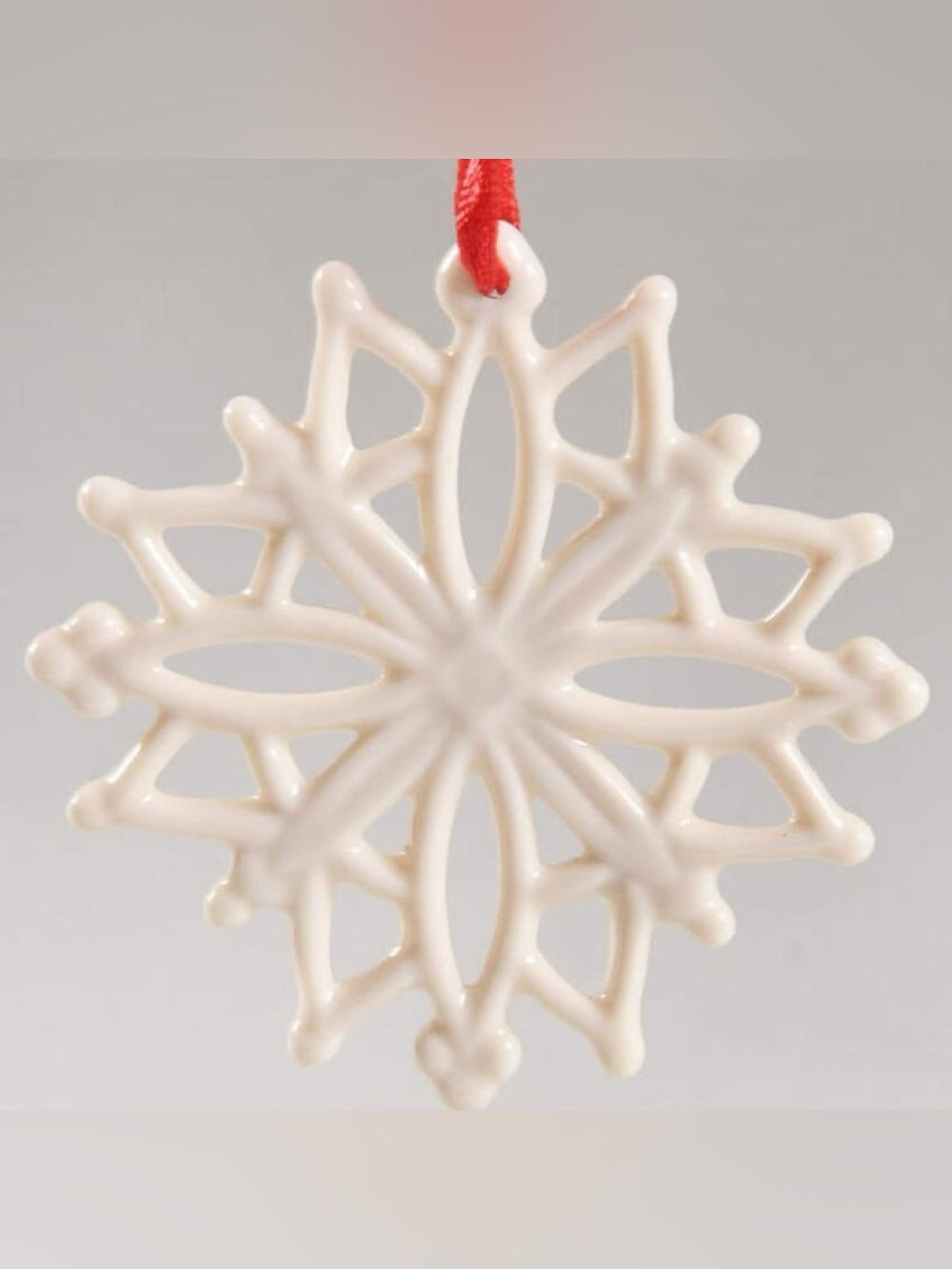 Lenox Cream Snowflake Ceramic Ornament with Red Ribbon Retired